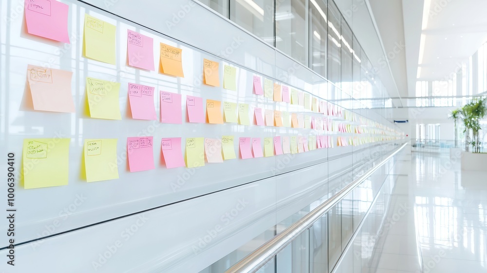 Obraz premium Modern office interior, vibrant post-it notes covering a whiteboard, sleek furniture, open layout, collaborative atmosphere, bright colors, promoting creativity and teamwork