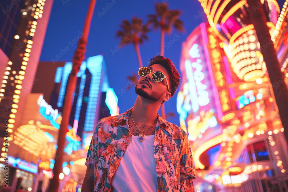 A confident young adult Brazilian man poses at the entrance of a glamorous casino on the Vegas Strip, surrounded by bright neon lights. The clear night sky and lively palm trees enhance the vibrant A confident young adult Brazilian man poses at the entrance of a glamorous casino on the Vegas Strip, surrounded by bright neon lights. The clear night sky and lively palm trees enhance the vibrant