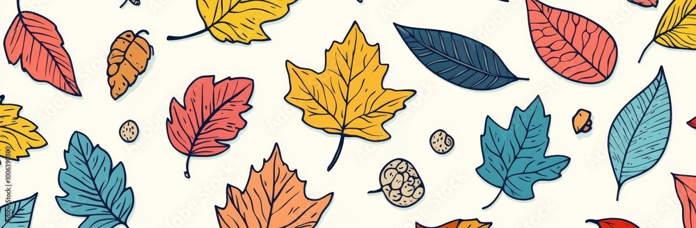 Obraz premium A hand drawn horizontal banner pattern with autumn bright leaves and berries. A flat doodle style illustration.