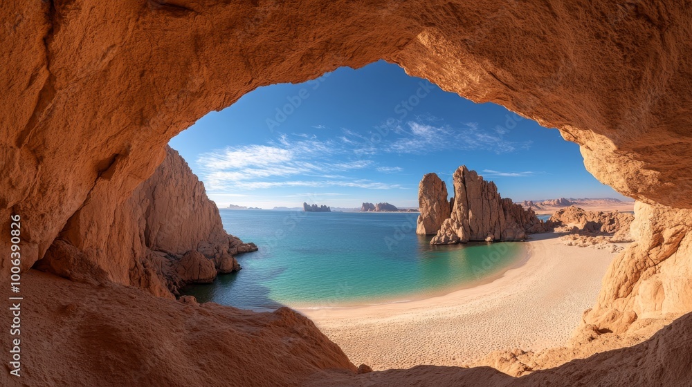 A breathtaking view through a massive stone archway reveals tranquil ...