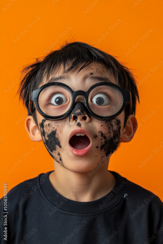 Japanese boy with a soot-smeared face and large lab glasses, eyes wide in surprise, against an orange studio background. Japanese boy with a soot-smeared face and large lab glasses, eyes wide in surprise, against an orange studio background.