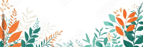 An autumnal banner pattern with bright autumn leaves and berries in retro colors. Simple flat doodle style.