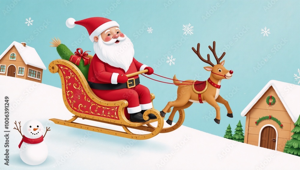 Obraz premium Whimsical watercolor holiday scene showcasing Santa Claus gingerbread men reindeers gifts snowmen and a sleigh