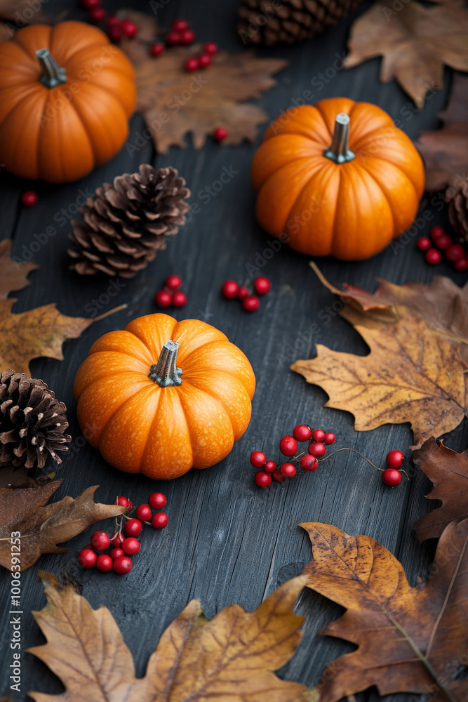 Mini pumpkins, golden autumn leaves, and pine cones arranged on a dark wood table, with red berries scattered throughout to create a festive, rustic autumn scene. Mini pumpkins, golden autumn leaves, and pine cones arranged on a dark wood table, with red berries scattered throughout to create a festive, rustic autumn scene.