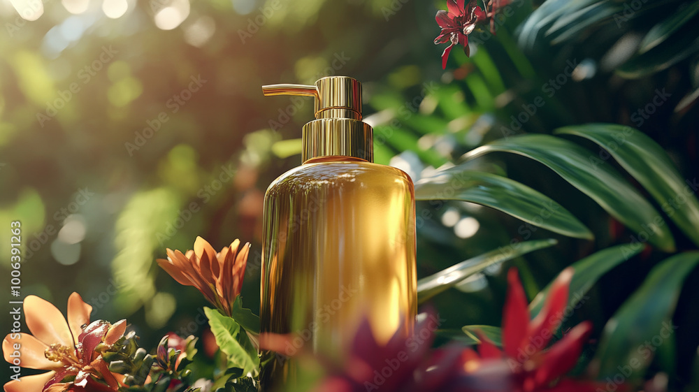 A chic body soap bottle mockup featuring an eye catching gold cap, set against a lush tropical garden backdrop with vibrant foliage and colorful flowers, highlighting the product’s natural and A chic body soap bottle mockup featuring an eye catching gold cap, set against a lush tropical garden backdrop with vibrant foliage and colorful flowers, highlighting the product’s natural and