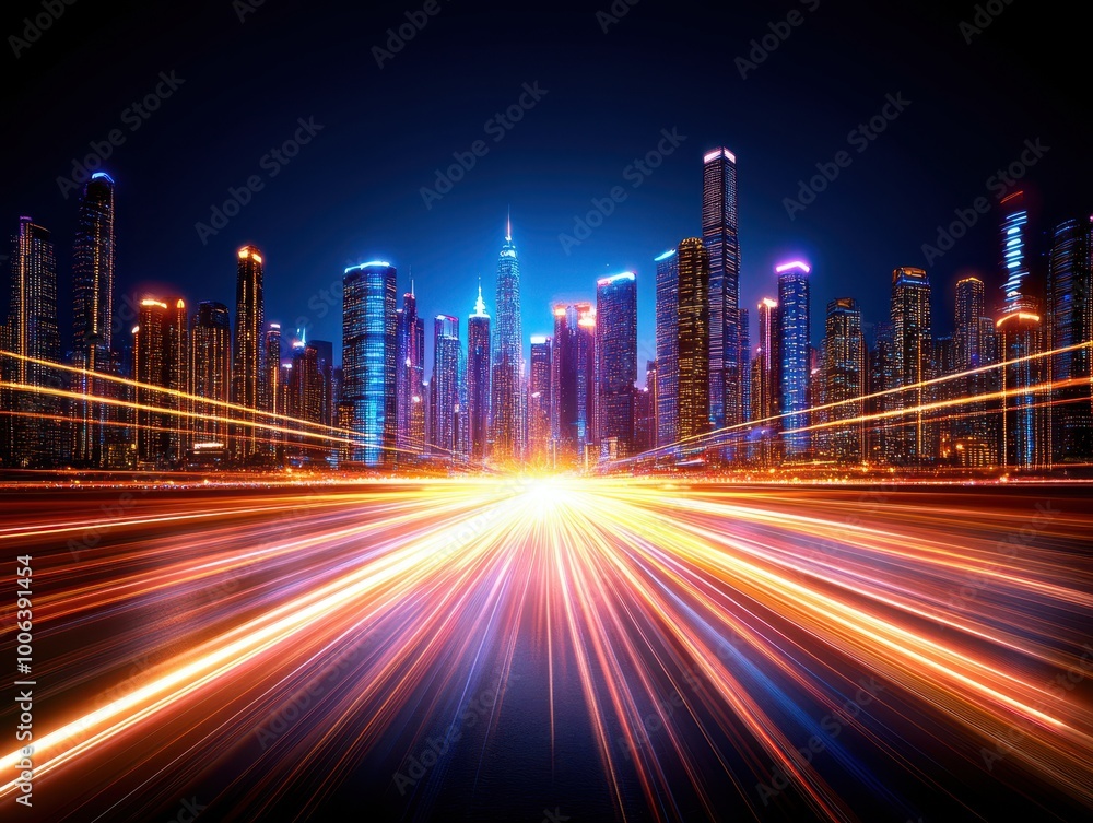 Fototapeta premium Dynamic city skyline at night with lights