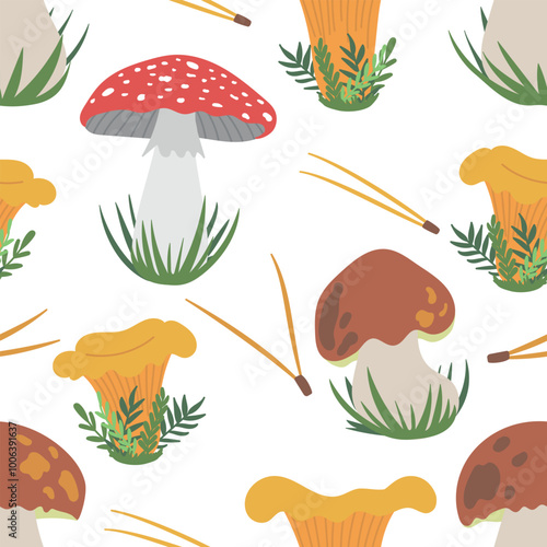 Vector seamless pattern with edible porcini mushroom, boletus edulis, chanterelle, and poisonous red fly agaric amanita mushroom in grass isolated on white background. Hand drawn flat illustration