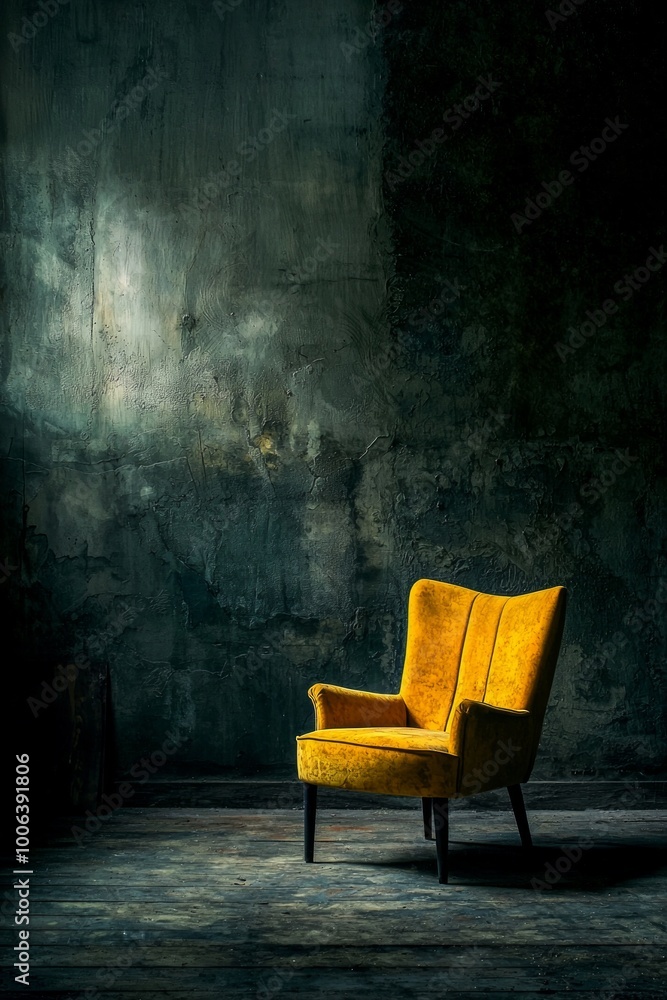 A room with dark, moody walls and a single, bright yellow chair, standing out starkly against the somber background, illuminated by a soft spotlight. A room with dark, moody walls and a single, bright yellow chair, standing out starkly against the somber background, illuminated by a soft spotlight.