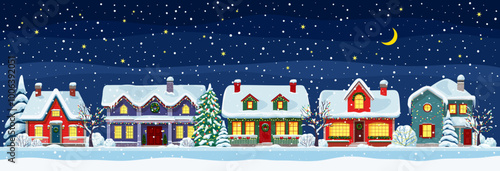 Christmas holiday town or village, house roofs with snow, vector snowy scenery landscape. Houses on winter holidays, facade exterior of home buildings with snowy icicles, chimneys and Christmas tree