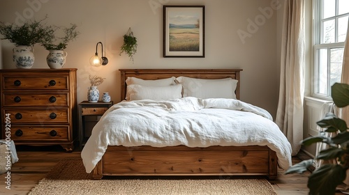 Cozy and Inviting Rustic Bedroom with Wooden Furniture and Natural Accents. Peaceful and Relaxing Bedroom Interior Design with Calming Ambiance and Harmonious Atmosphere.