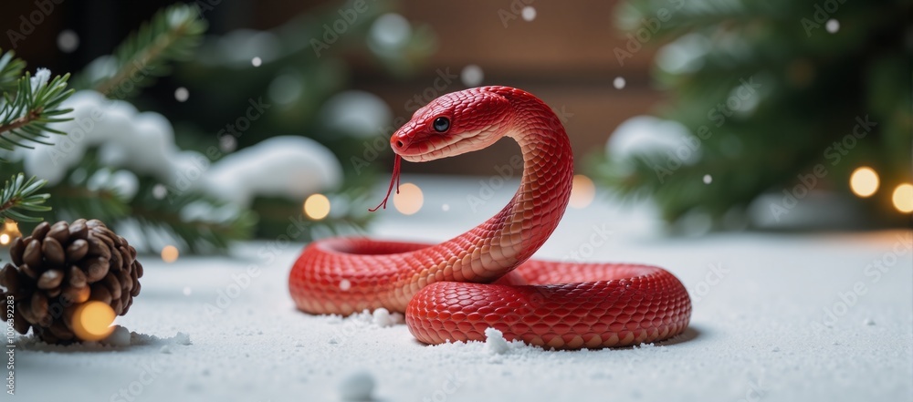 Red Snake representing Lunar Year 2025 Horoscope Mascot set against a Winter Backdrop combined with Merry Christmas and Happy New Year wishes Red Snake representing Lunar Year 2025 Horoscope Mascot set against a Winter Backdrop combined with Merry Christmas and Happy New Year wishes