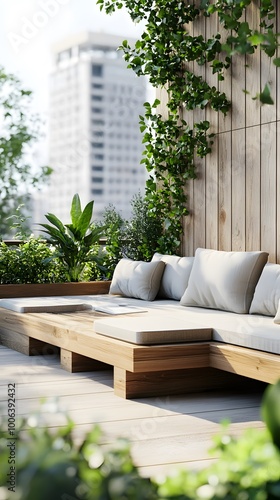 Rooftop terrace with wooden seating and a coffee table, surrounded by plants and greenery, creating an outdoor living space for relaxation and socializing.