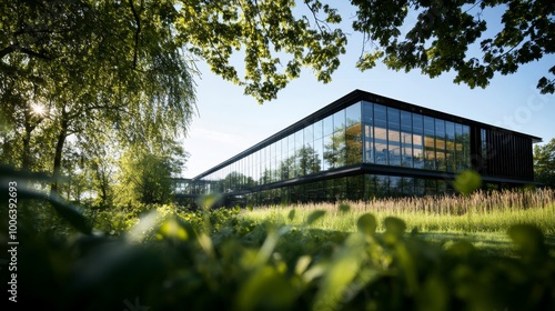 A sleek glass house with metal frames stands amidst dense trees and tall grass, harmoniously merging with nature and providing a tranquil escape under a vibrant blue sky