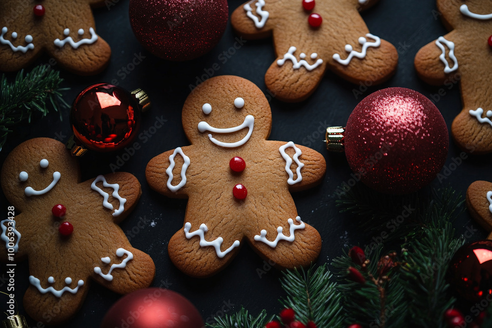 Highlight a charming top view of gingerbread men cookies with detailed icing, beautifully arranged with vibrant Christmas ornaments on a dark backdrop, evoking the festive spirit of Christmas Highlight a charming top view of gingerbread men cookies with detailed icing, beautifully arranged with vibrant Christmas ornaments on a dark backdrop, evoking the festive spirit of Christmas