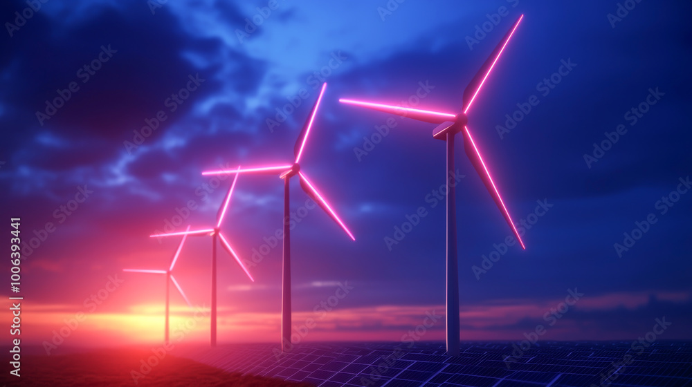 A striking sunset view of illuminated wind turbines in a renewable energy landscape, showcasing modern sustainability. A striking sunset view of illuminated wind turbines in a renewable energy landscape, showcasing modern sustainability.