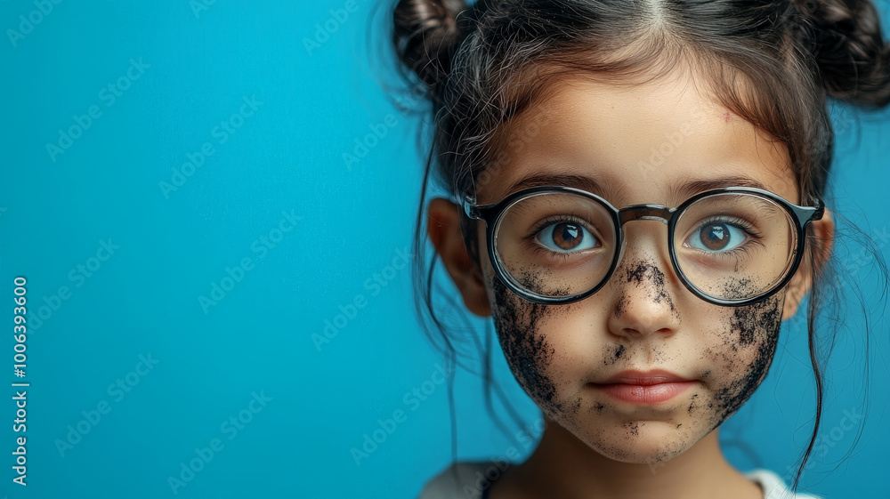 A Hispanic girl, messy from her science experiment, soot on her face and lab glasses perched on her nose, with a bright blue background behind her.