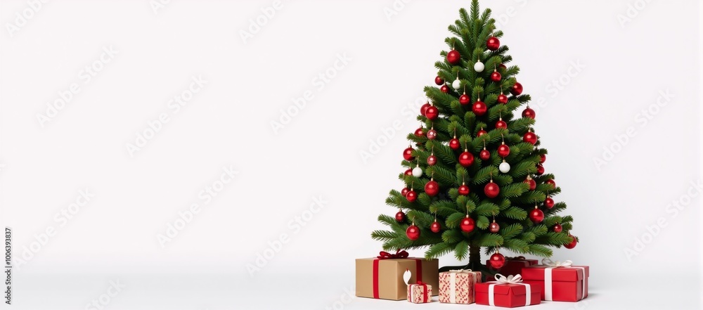 Christmas tree adorned with red decorations and gifts against a white holiday background Christmas tree adorned with red decorations and gifts against a white holiday background