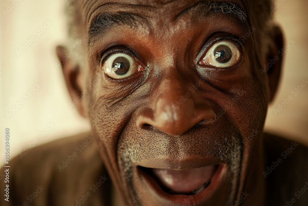 A Black granddad with wide, surprised eyes, his expression full of wonder and joy, captured in a close up portrait that highlights the deep lines of his face and his warm smile. A Black granddad with wide, surprised eyes, his expression full of wonder and joy, captured in a close up portrait that highlights the deep lines of his face and his warm smile.