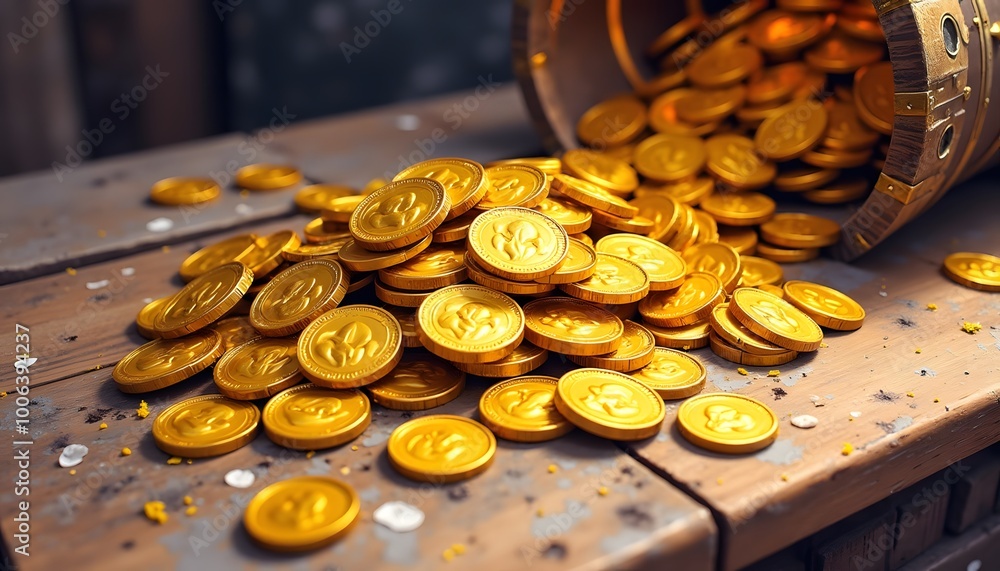 Gold coins sparkling in a barrel with treasures of rich warm tones Gold coins sparkling in a barrel with treasures of rich warm tones