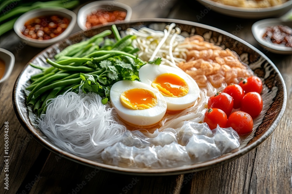 A bowl of Vietnamese rice noodles with shrimp, bean sprouts, green beans, two halved boiled eggs, cherry tomatoes, and fresh cilantro on a rustic wooden table A bowl of Vietnamese rice noodles with shrimp, bean sprouts, green beans, two halved boiled eggs, cherry tomatoes, and fresh cilantro on a rustic wooden table
