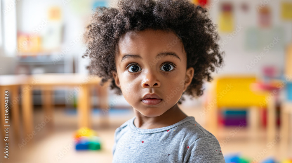 A 3 year old Black child standing alone in a bright kindergarten classroom, looking confused, with colorful toys scattered around. The child's wide eyes show uncertainty as they stand apart from the A 3 year old Black child standing alone in a bright kindergarten classroom, looking confused, with colorful toys scattered around. The child's wide eyes show uncertainty as they stand apart from the