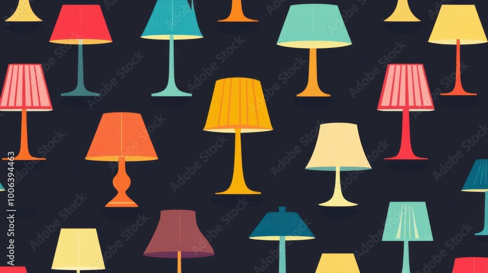 This design features a repeating pattern of colorful lamps, perfect for decorating a modern home. It includes floor lamps, table lamps, and nightlights, all designed in a simple, flat style. This design features a repeating pattern of colorful lamps, perfect for decorating a modern home. It includes floor lamps, table lamps, and nightlights, all designed in a simple, flat style.