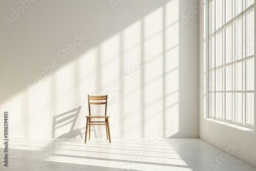 A spacious, minimalistic room with plain white walls, featuring a single elegant wooden chair in the center, casting a soft shadow from a window's natural light.