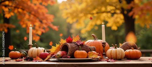 Autumnal Thanksgiving scene featuring vibrant colored leaves and a rainbow backdrop as a wallpaper design photo