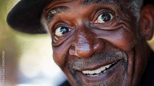 An African American granddad, wide-eyed with wonder, his expressive eyes big and beautiful, captured in a close-up that shows the joy and surprise on his face.