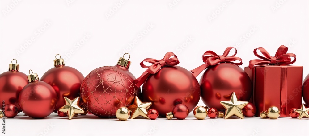 Stylized 3D rendering of Christmas decorations Red shiny baubles gifts adorned with ribbons gold stars on a merry Xmas cut-out backdrop Stylized 3D rendering of Christmas decorations Red shiny baubles gifts adorned with ribbons gold stars on a merry Xmas cut-out backdrop