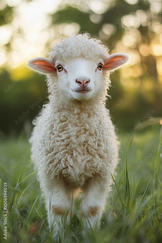 A fluffy white lamb with large brown eyes stands in a field of green grass, looking directly at the camera. A fluffy white lamb with large brown eyes stands in a field of green grass, looking directly at the camera.