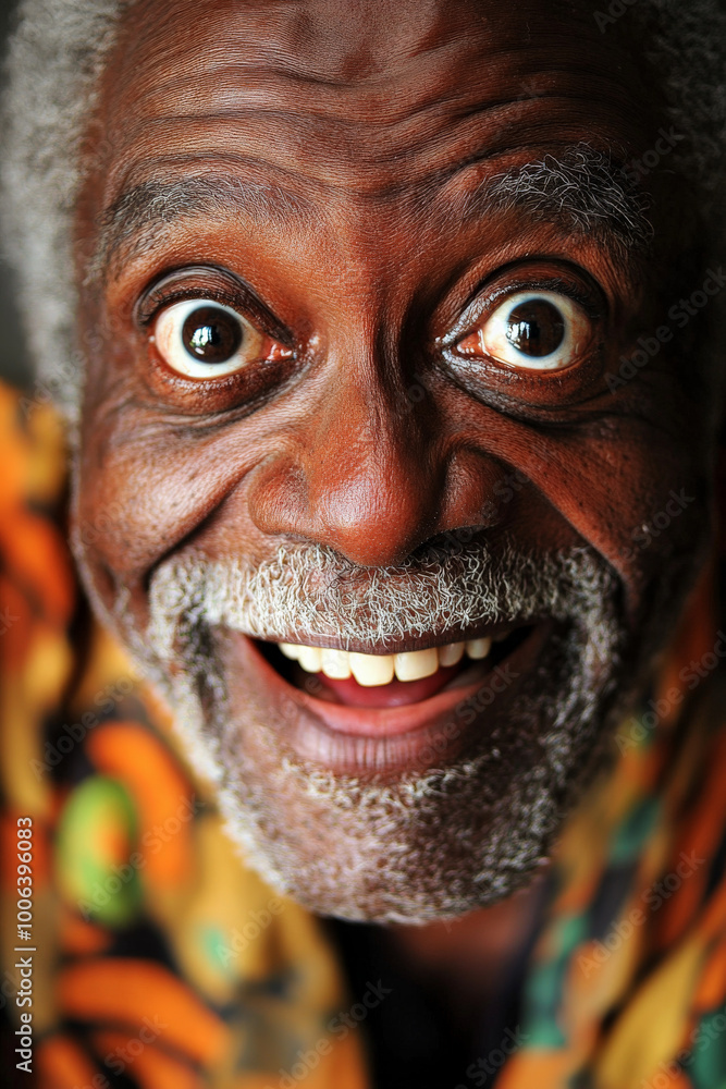 A Black granddad with joyful, wide eyes, his face full of surprise and curiosity, captured in a close up portrait, highlighting his playful and warm expression. A Black granddad with joyful, wide eyes, his face full of surprise and curiosity, captured in a close up portrait, highlighting his playful and warm expression.