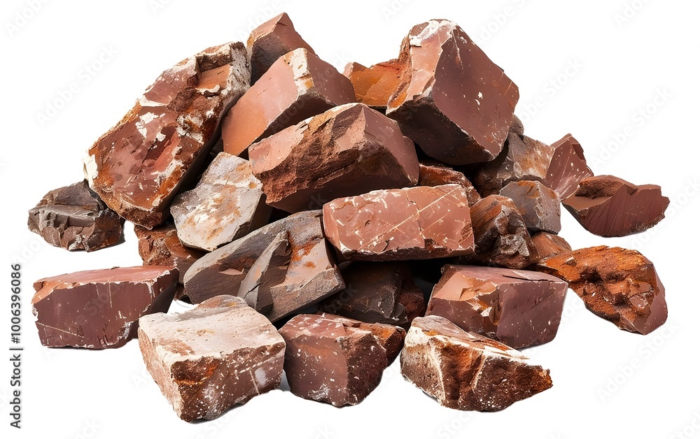 Pile of bricks and broken red rock isolated on white background with clipping path, full depth Pile of bricks and broken red rock isolated on white background with clipping path, full depth