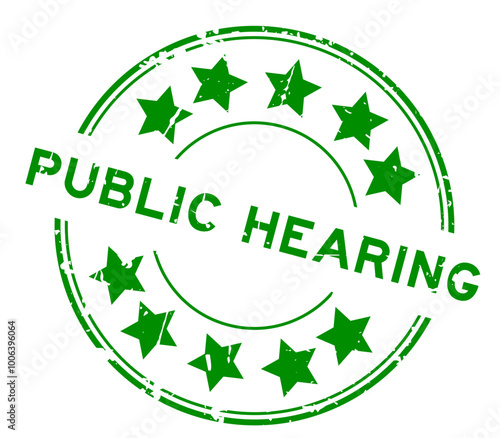 Grunge green public hearing word with star icon round rubber seal stamp on white background
