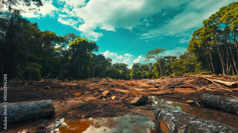 Deforestation portrayal in rainforest, logged areas vs untouched forest underline urgent conservation message. Deforestation portrayal in rainforest, logged areas vs untouched forest underline urgent conservation message.