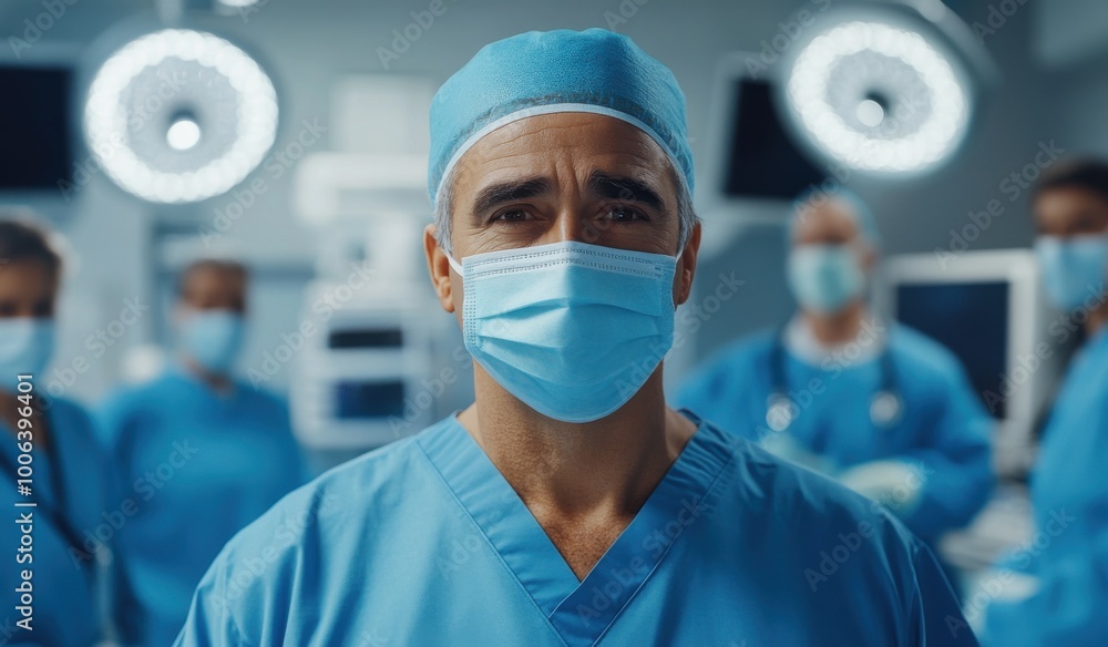 Professional portrait of a male surgeon in blue scrubs and a mask, standing with his team during an operating room project and looking at the camera. Professional portrait of a male surgeon in blue scrubs and a mask, standing with his team during an operating room project and looking at the camera.
