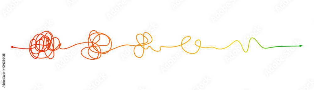 A line of colorful tangled threads, changing from red to green, gradually untangling. Depicting from the atmosphere of chaos to the straight path A line of colorful tangled threads, changing from red to green, gradually untangling. Depicting from the atmosphere of chaos to the straight path