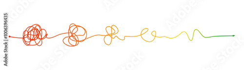 A line of colorful tangled threads, changing from red to green, gradually untangling. Depicting from the atmosphere of chaos to the straight path