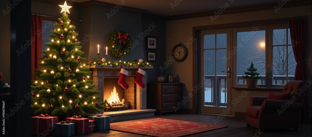 A cozy Christmas-themed setting with twinkling lights adorning snowy landscapes at night A cozy Christmas-themed setting with twinkling lights adorning snowy landscapes at night