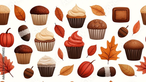 Colorful autumn-themed cupcakes and leaves