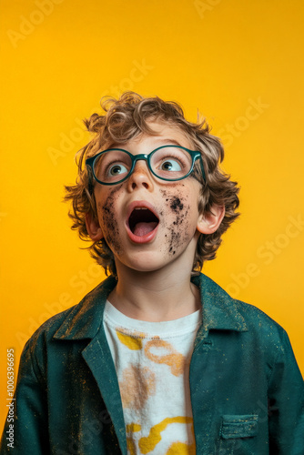 A Caucasian boy scientist with soot on his face, lab glasses slightly askew, standing against a bright yellow studio backdrop, looking amazed by his experiment.