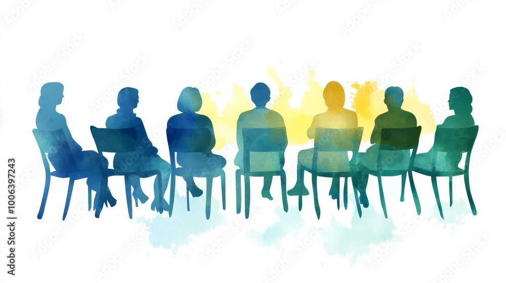This watercolor painting depicts the healing power of connection in a group therapy session. This watercolor painting depicts the healing power of connection in a group therapy session.