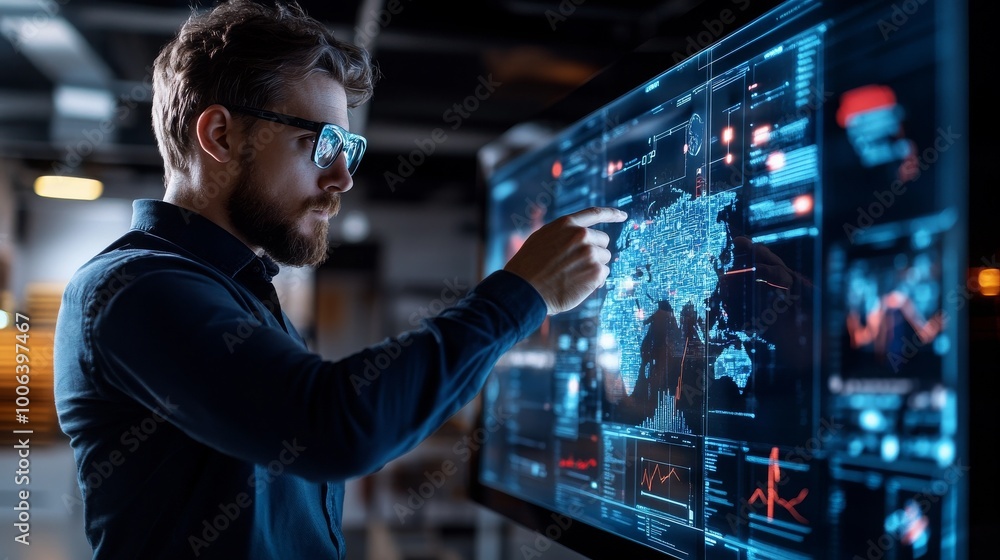 Businessman analyzing global data on digital screen Businessman analyzing global data on digital screen