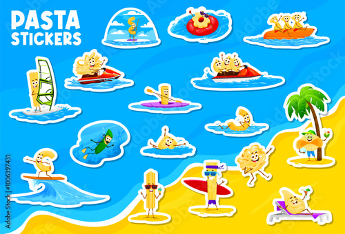 Cartoon Italian pasta personages on summer vacation, vector characters stickers. Cartoon pasta on beach, penne swimming in sea, spaghetti or tagliatelle on surfboard and funny farfalle on banana ride