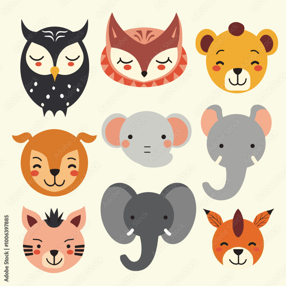 Fototapeta premium Whimsical illustrations of various animal faces in a colorful grid layout on a light background.