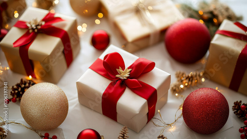 A festive Christmas and New Year background featuring golden decorations, wrapped gifts with red ribbons, and shiny red balls, elegantly arranged on crisp white paper.