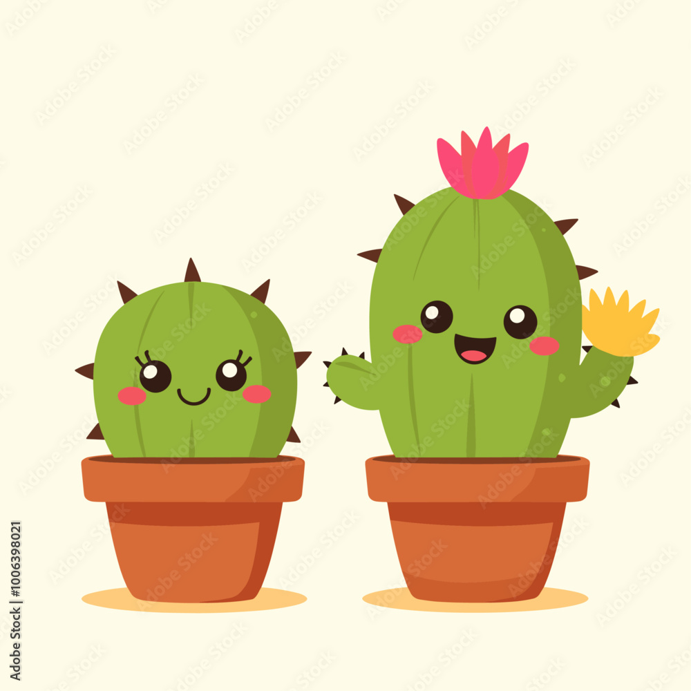 Cute cartoon cacti in pots with smiling faces, featuring bright flowers, against a light background. Cute cartoon cacti in pots with smiling faces, featuring bright flowers, against a light background.