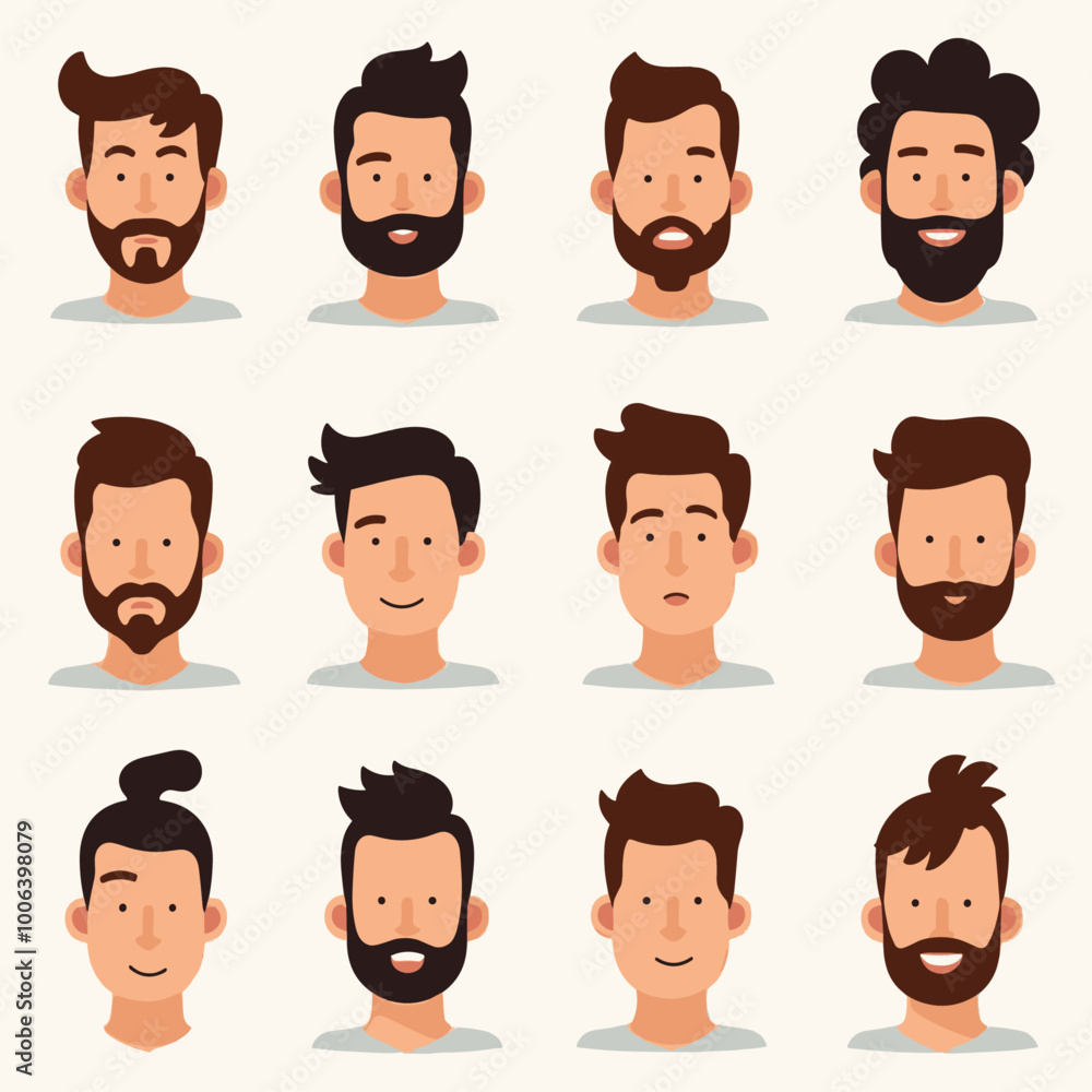 Diverse collection of male avatars featuring different hairstyles, facial hair, and expressions captured in a minimalist, flat design style. Diverse collection of male avatars featuring different hairstyles, facial hair, and expressions captured in a minimalist, flat design style.