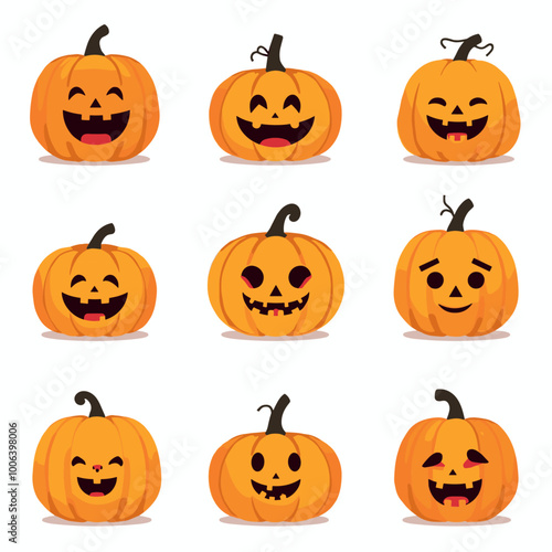 A collection of nine cartoon orange Halloween pumpkins with various facial expressions, each carved with unique designs, set against a white background.
