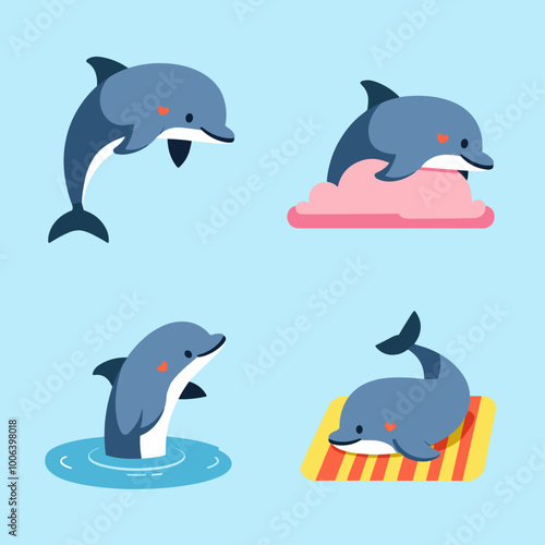 Cute cartoon dolphins in various playful activities against a light blue background.